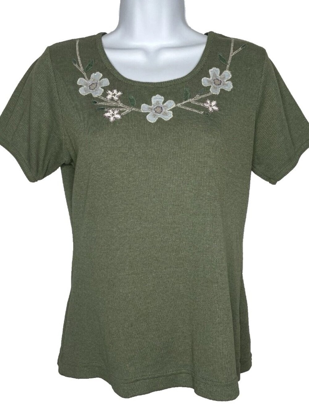 Vintage 90s High Sierra Ribbed Shirt Top Size M Olive Green Embroidered Floral